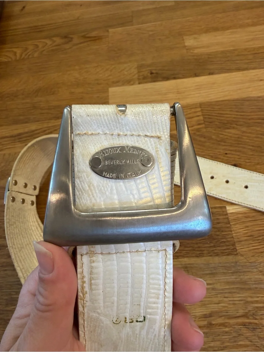 Bijoux Medici Beverly Hills White Lizard Embossed Leather Belt Large Buckle